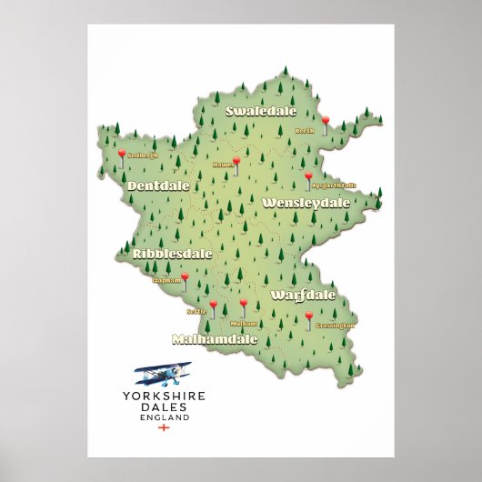 ヨークシャー・デイルズ イングランド地図 ポスター (正面)