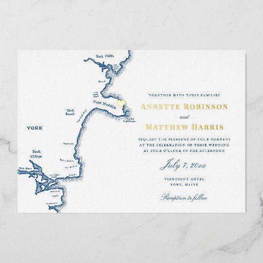 ヨーク結婚メイン海軍と金ゴールド 箔招待状 (正面)