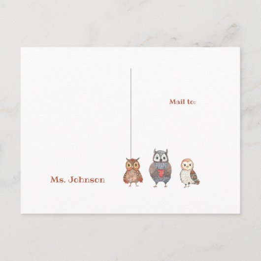 ヨーホー水の色のフクロウ私はあなた恋しく思の学校先生 ポストカード (裏面)