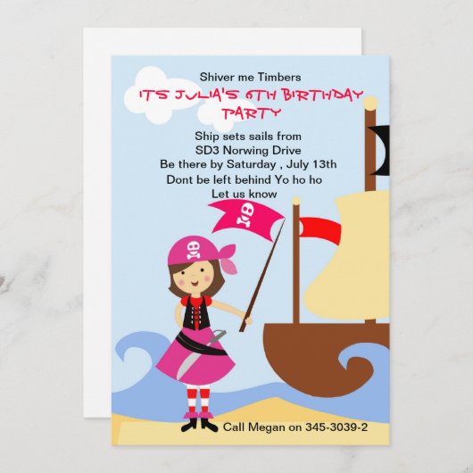 ヨーホー・ピンク海賊誕生日パーティーの招待状 招待状 (正面/裏面)