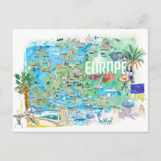ヨーロッパのイラスト入り旅行地図 ポストカード (正面)