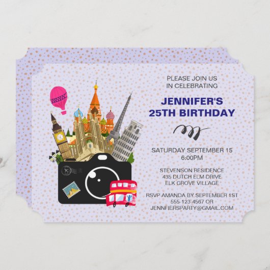 ヨーロッパのランドマークの味のヨーロッパ誕生日 招待状 (正面/裏面)