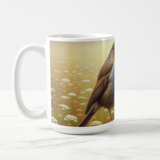 ヨーロッパのロビンがフェンスの上に素朴留まる コーヒーマグカップ (左)