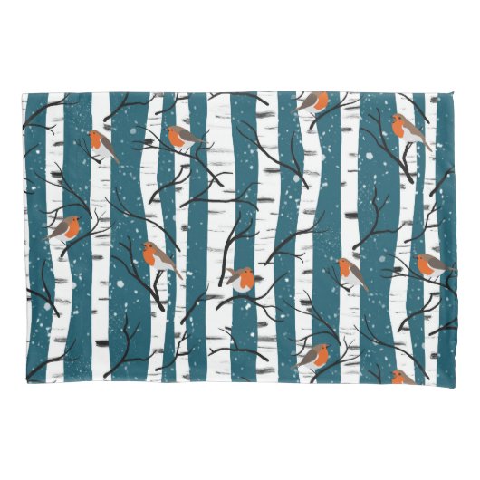 ヨーロッパのロビンズオンシルバー樺の木の雪の青 枕カバー (正面左)