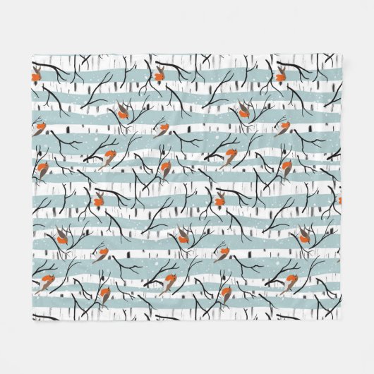 ヨーロッパのロビンズオンシルバー樺の木のSnow P blue フリースブランケット (正面(横))