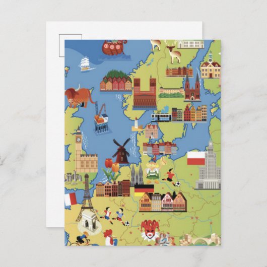 ヨーロッパの漫画の地図 ポストカード (正面/裏面)