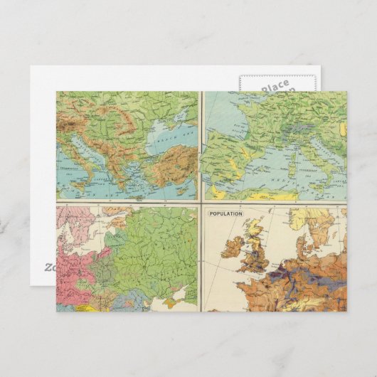 ヨーロッパの物理的特徴と人口マップ ポストカード (正面/裏面)