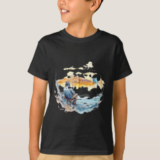 ヨーロッパの町の漁師 リラックス フィッシング アート グラフィック Tシャツ
