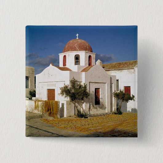 ヨーロッパギリシャミコノス魚釣り網が乾く 缶バッジ (正面)