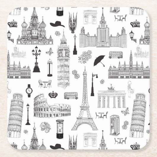 ヨーロッパ休暇パターン スクエアペーパーコースター (正面)