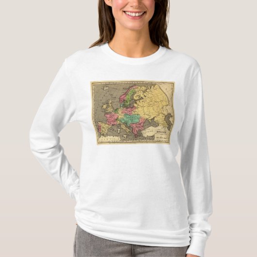 ヨーロッパ手の着色された地図書の地図 Tシャツ (正面)