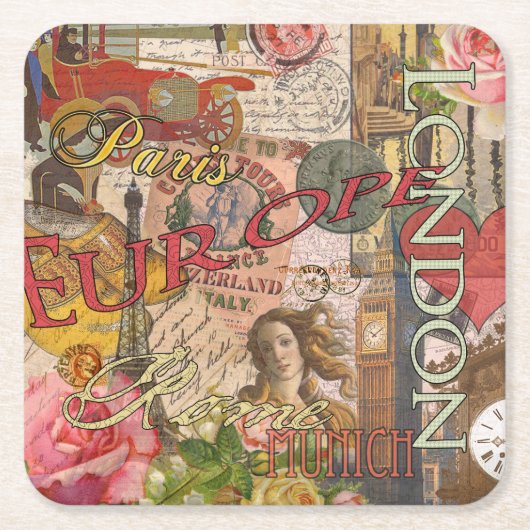 ヨーロッパ旅行ヴィンテージヨーロッパパリフランスアート スクエアペーパーコースター (正面)
