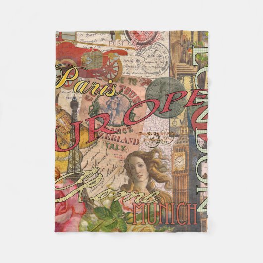 ヨーロッパ旅行ヴィンテージヨーロッパパリフランスアート フリースブランケット (正面)