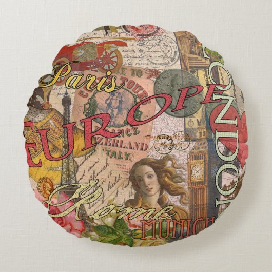 ヨーロッパ旅行ヴィンテージヨーロッパパリフランスアート ラウンドクッション (正面)