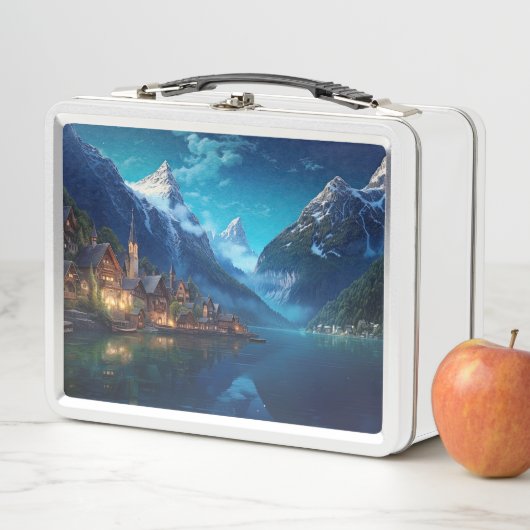 ヨーロッパ魅力的のアルプスの村。 メタルランチボックス (インサイチュ)