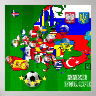 ヨーロッパ2012年サッカー杯国旗の地図 ポスター