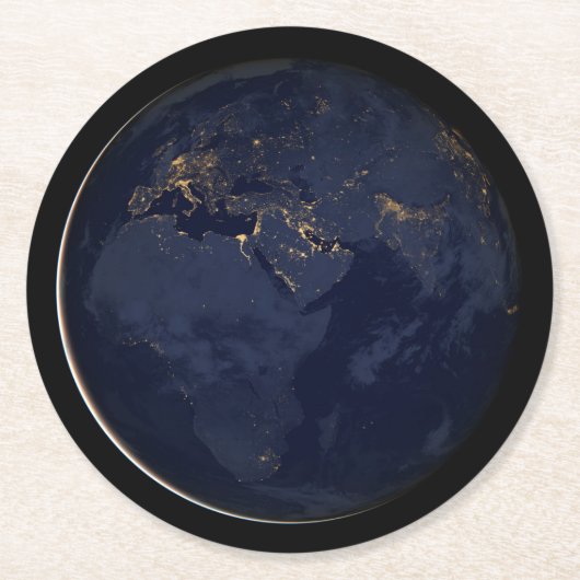 ヨーロッパ、アフリカ、中東の都市の夜の照明 ラウンドペーパーコースター (正面)