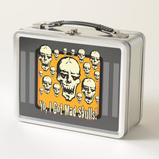 ヨI不機嫌得スカルフレームGfxグレーストライプ メタルランチボックス (正面)