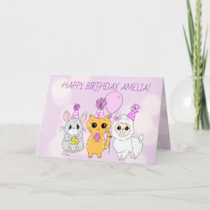 ラお洒落マ、子猫、マウスガール誕生日 カード