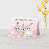 ラお洒落マ、子猫、マウスガール誕生日 カード (黄色い花)