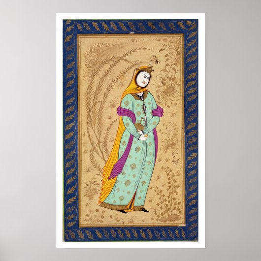 ラからワインの容器と梨を持っている女の子 ポスター (正面)