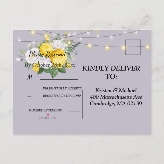 ライエレガントト素朴イエローフローRSVP招待状 インビテーションポストカード (裏面)