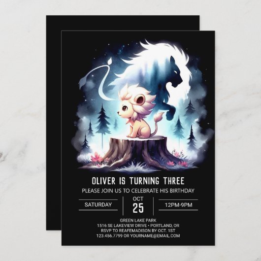 ライオお洒落ンエレガント誕生日 招待状 (正面/裏面)