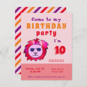 ライオクールンピンクの子供の誕生日パーティー インビテーションポストカード (正面/裏面)