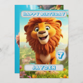 ライオパーソナライズされたン誕生日カードキッズネーム年齢 (正面/裏面)