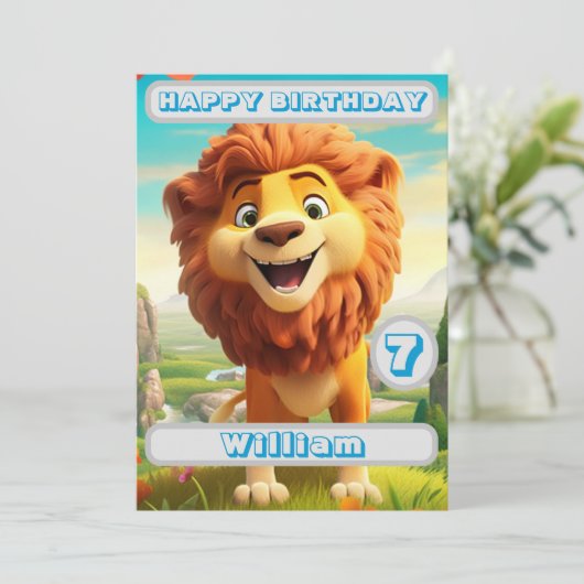 ライオパーソナライズされたン誕生日カード名年齢キッズ (スタンド正面)