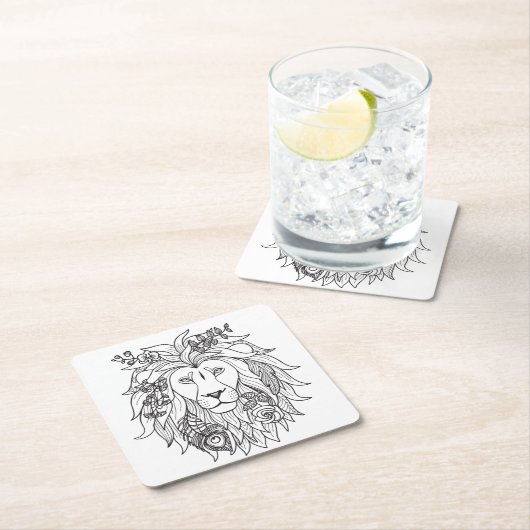 ライオンおよび花の落書き スクエアペーパーコースター (インサイチュ)