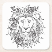 ライオンおよび花の落書き スクエアペーパーコースター (正面)