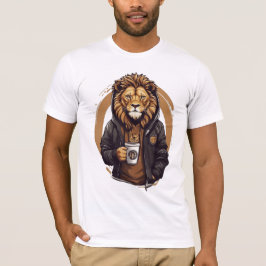 ライオンがコーヒーを飲むデザイン Tシャツ