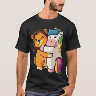 ライオンがユニコーンを抱きしめる ハグ キュートな動物 レトロ Tシャツ
