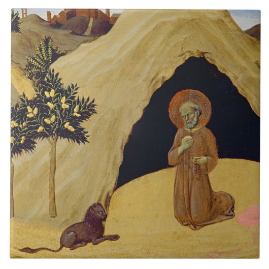ライオンが付いているSt Jerome、1436年(パネルのテンペラ) タイル (正面)
