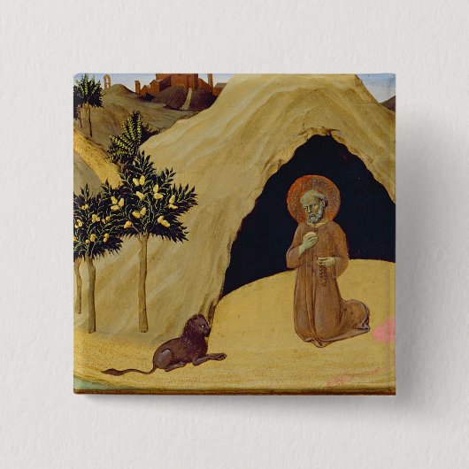ライオンが付いているSt Jerome、1436年(パネルのテンペラ) 缶バッジ (正面)