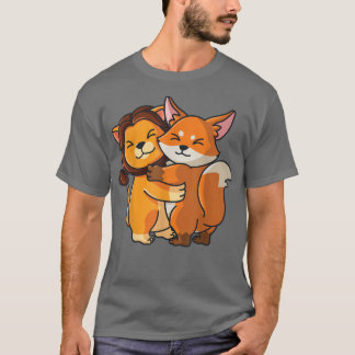 ライオンとフォ抱きかわいいかわいい動物愛好家女性 Tシャツ