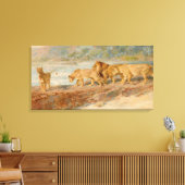 ライオンとライオンはアフリカの川の岸にいる キャンバスプリント (インサイチュ (リビング))