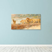 ライオンとライオンはアフリカの川の岸にいる キャンバスプリント (インサイチュ (ウッドフロア))