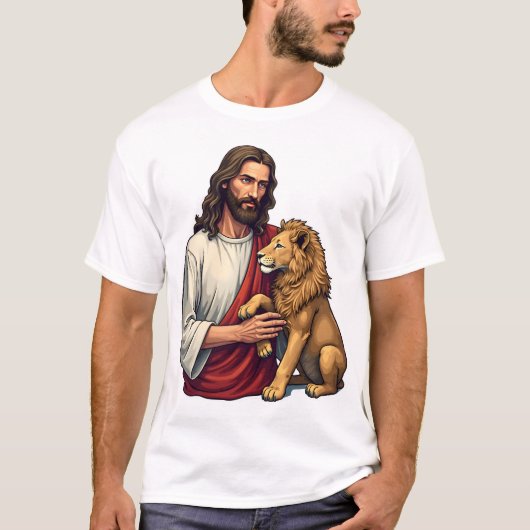 ライオンと子羊のイエス彫刻信仰Tシャツ 2 Tシャツ (正面)