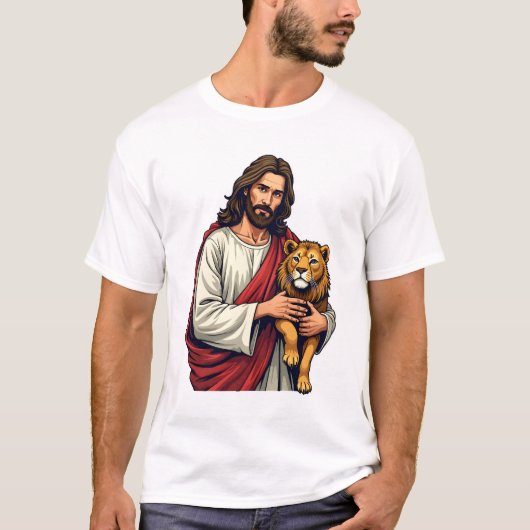 ライオンと子羊のイエス彫刻信仰Tシャツ 2 Tシャツ (正面)