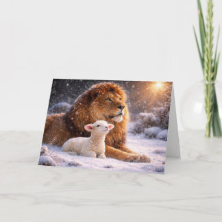 ライオンと子羊のクリスマスの平和 聖なる光と雪 シーズンカード