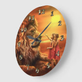 ライオンと小さな女の子 ラージ壁時計 (傾斜)