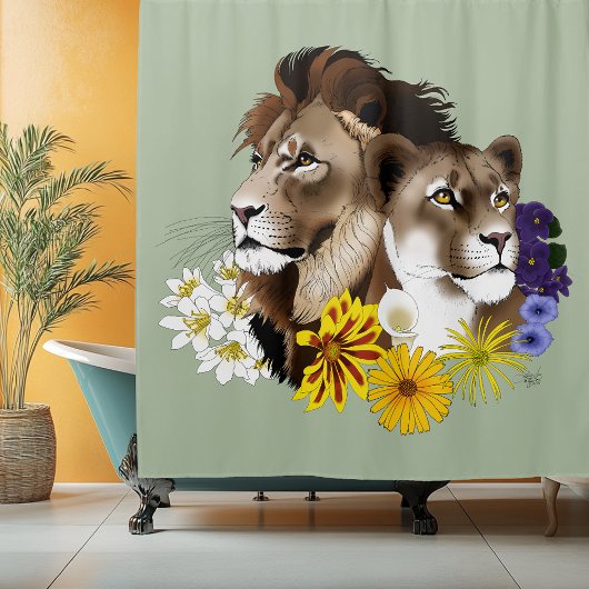 ライオンと雌ライオンの花柄グリーン シャワーカーテン