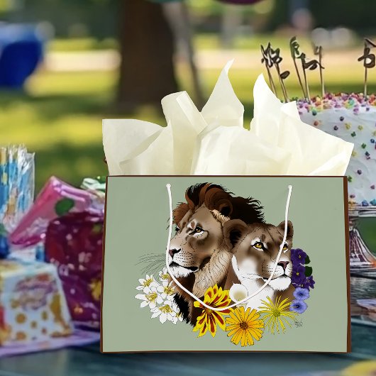 ライオンと雌ライオンの花柄グリーン ラージペーパーバッグ