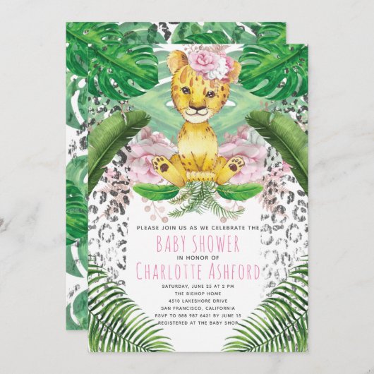ライオンのイラストの女の子 サファリ ベビーシャワー 招待状 (正面/裏面)