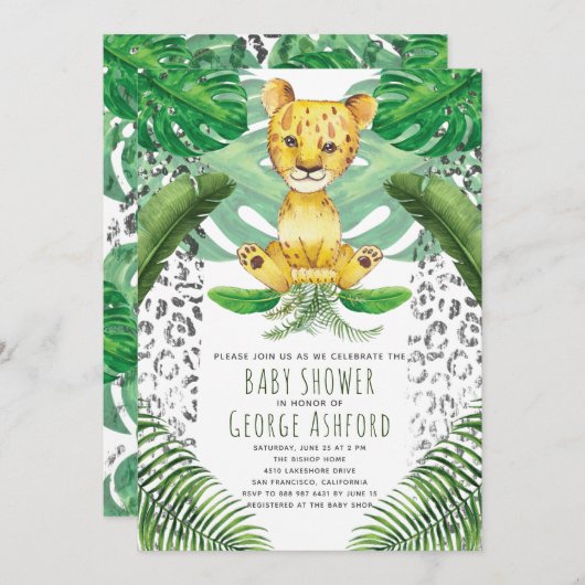 ライオンのイラスト サファリ ベイビーシャワー 招待状 (正面/裏面)