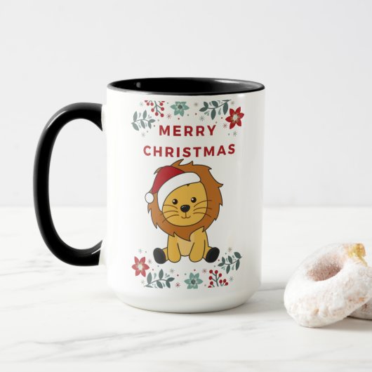ライオンのクリスマス雪の冬の動物ライオン マグカップ (ドーナツ付き)