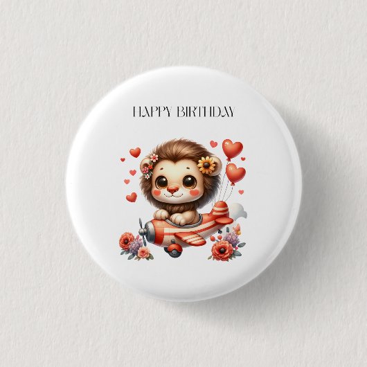 ライオンのパイロット 誕生日 缶バッジ (正面)