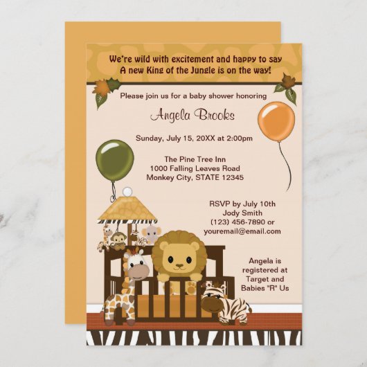 ライオンのベビーシャワーの招待状の秋のジャングルサファリ 招待状 (正面/裏面)
